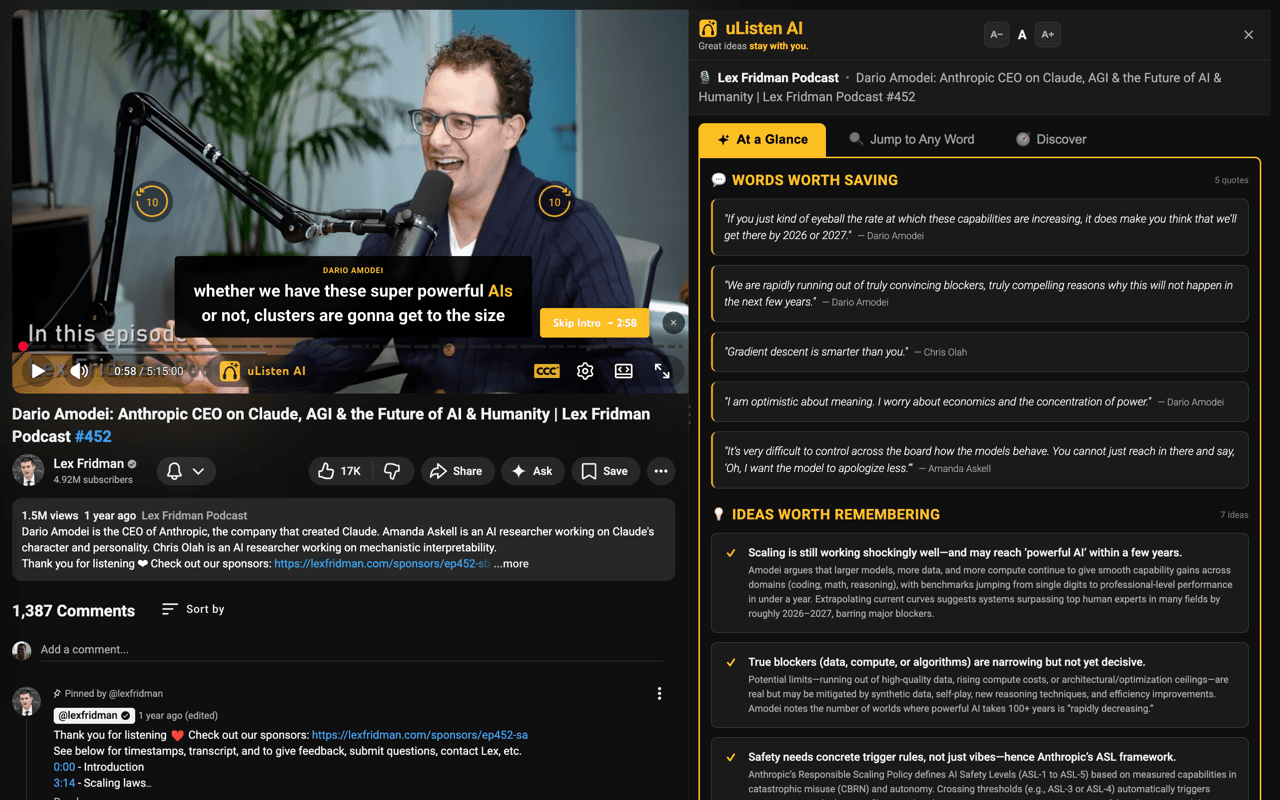 At a Glance summary with Skip Intro on Lex Fridman Podcast